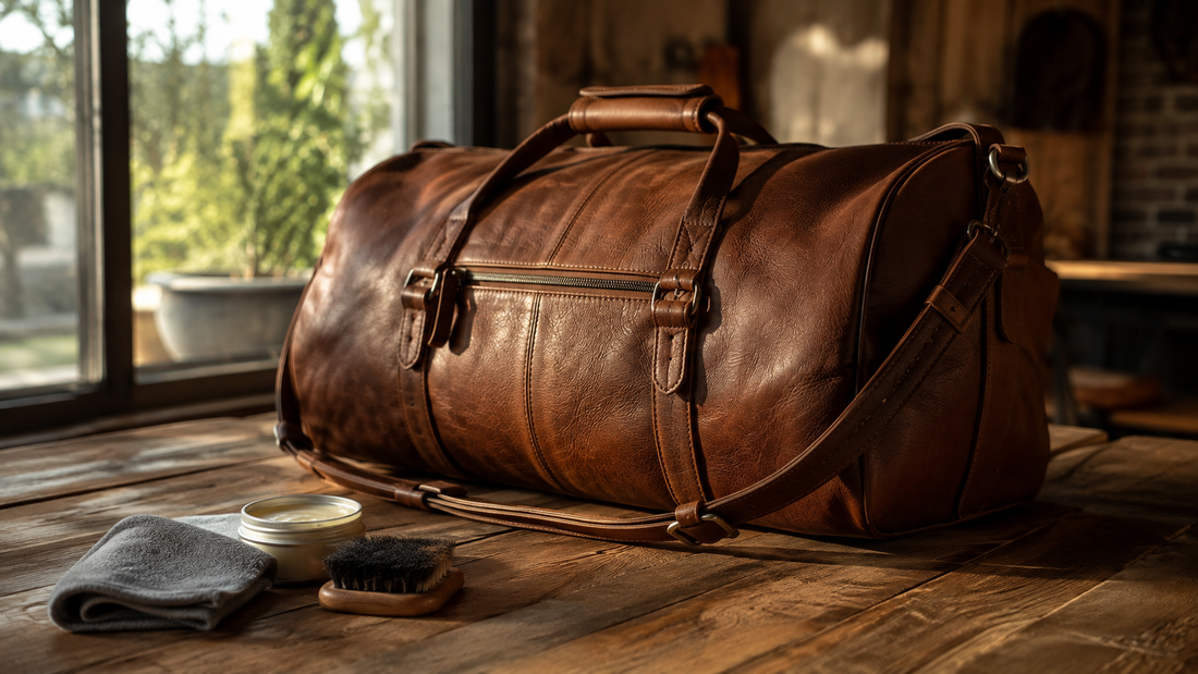 Premium genuine leather bag with leather care accessories